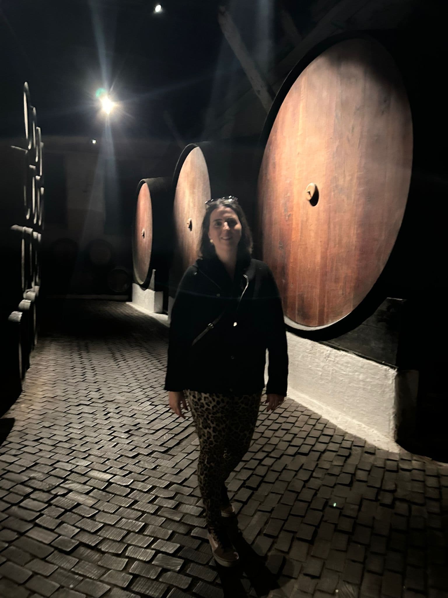 Lívia Belfort dentro da cave diante dos grandes balseiros